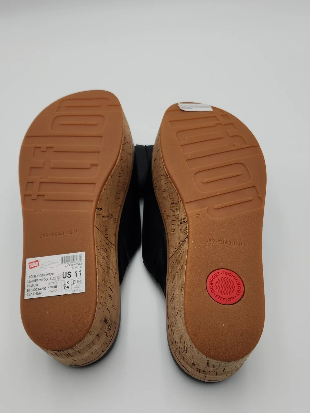 NWT FitFlop Eloise Cork-Wrap Black Leather Wedge Slides  Size 11